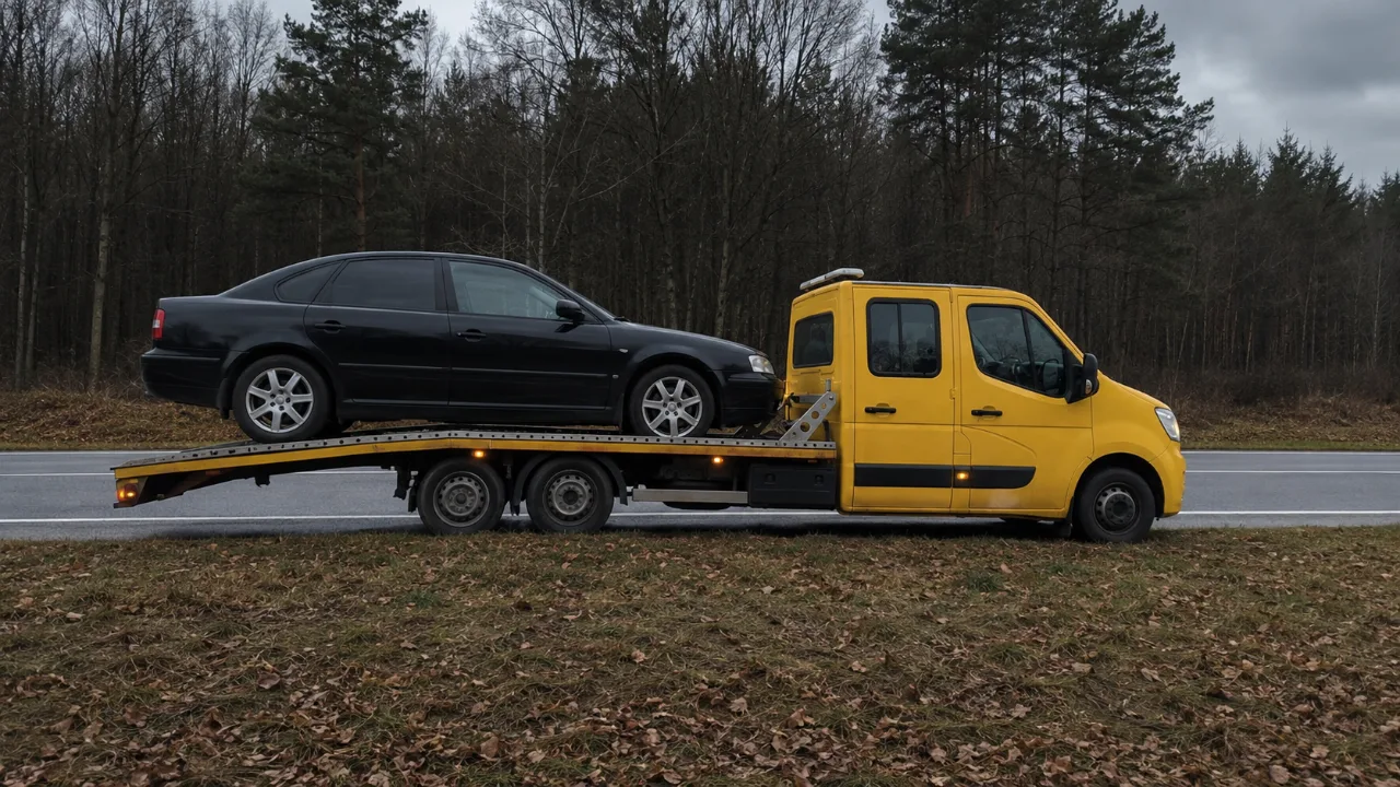 Sedan wciągnięty na platformę lawety – holowanie Tczew