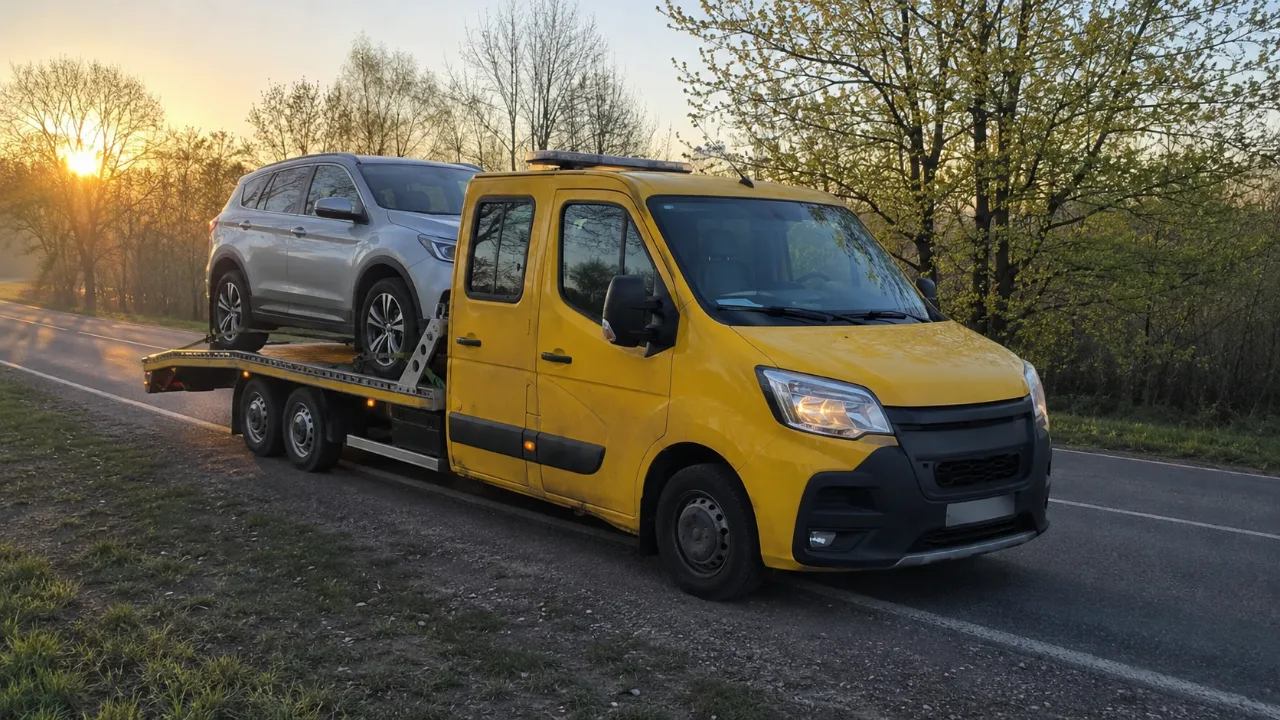 Laweta ANDI-HOL z SUV-em na platformie o wschodzie słońca – Tczew