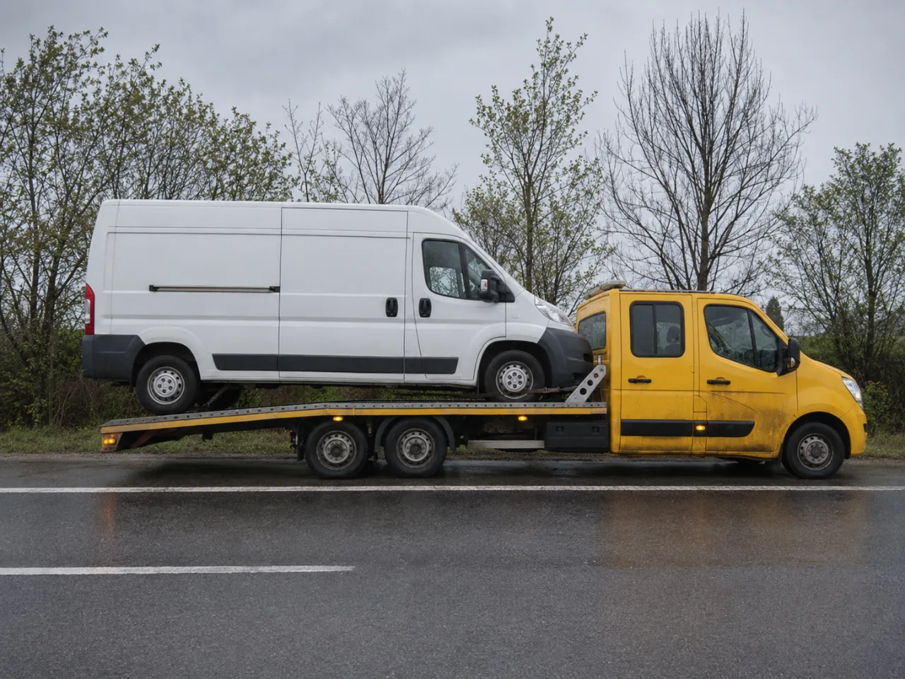 Bus dostawczy na lawecie wiosną – holowanie ciężarówek Tczew