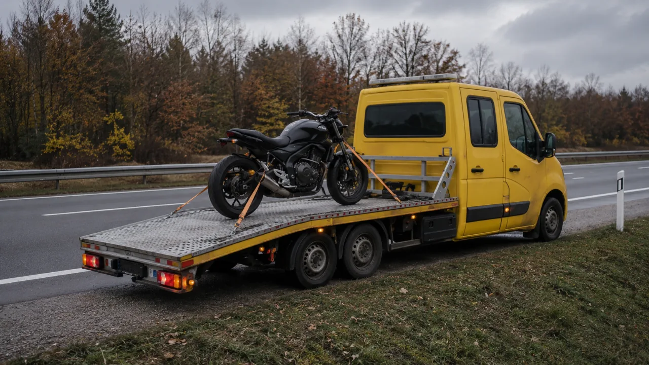 Motocykl zamocowany pasami na platformie lawety – Tczew